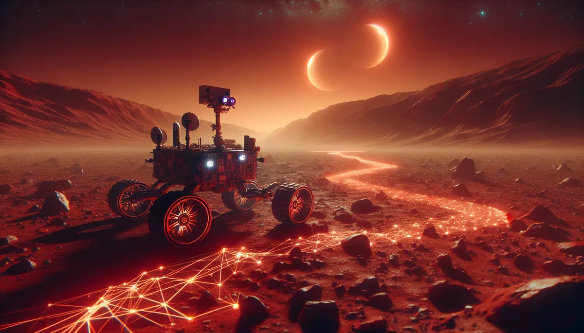 NASA's Perseverance rover completing a 456-meter Mars drive autonomously after an AI system planned the full route without human intervention.
