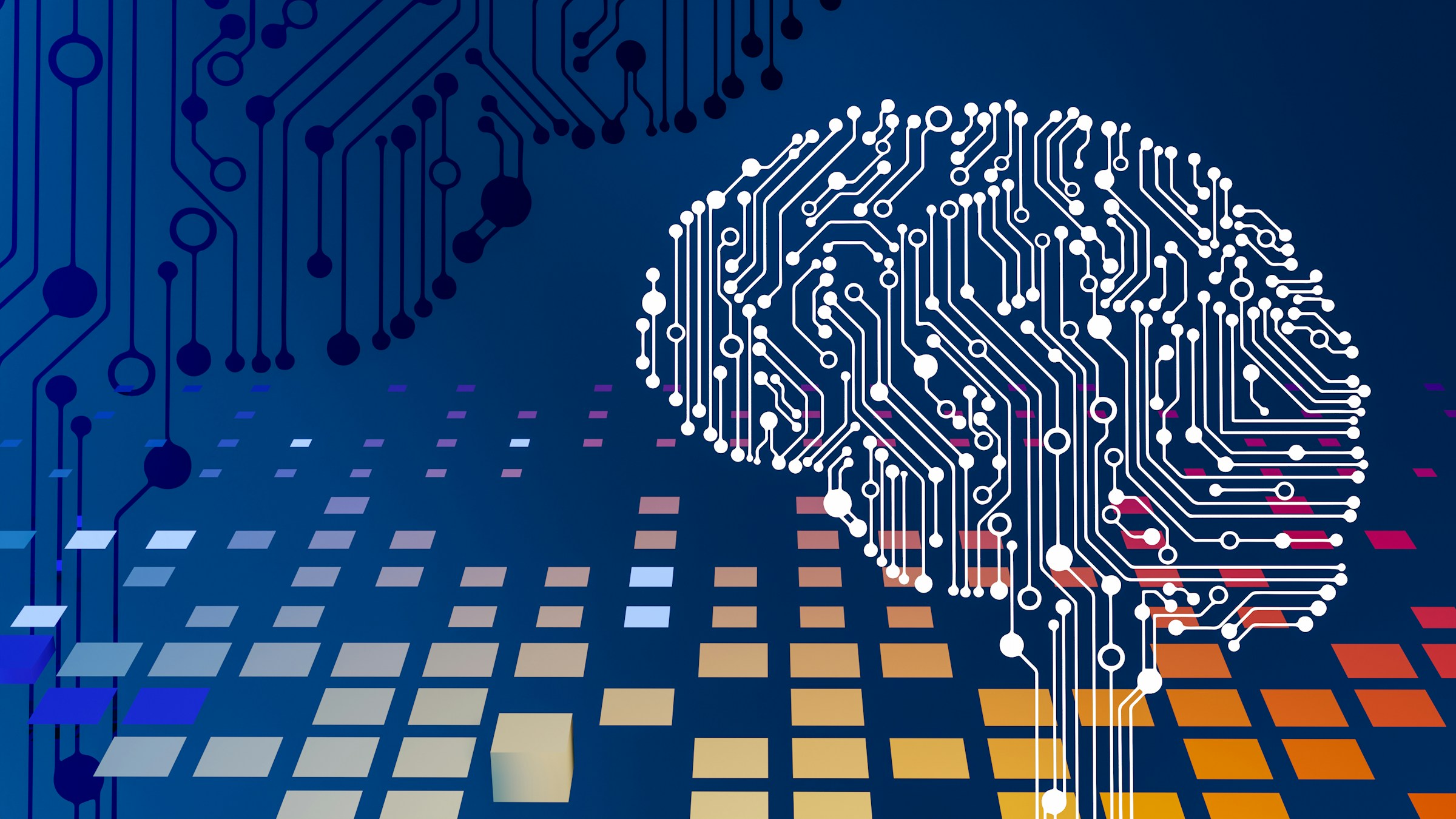 Circuit-board brain pattern depicts autonomous AI agents executing multi-hour workflows beyond traditional RPA scope.