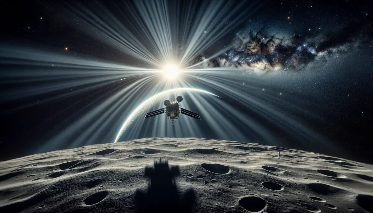 Artemis II Orion spacecraft flying past the Moon with Earth in the background